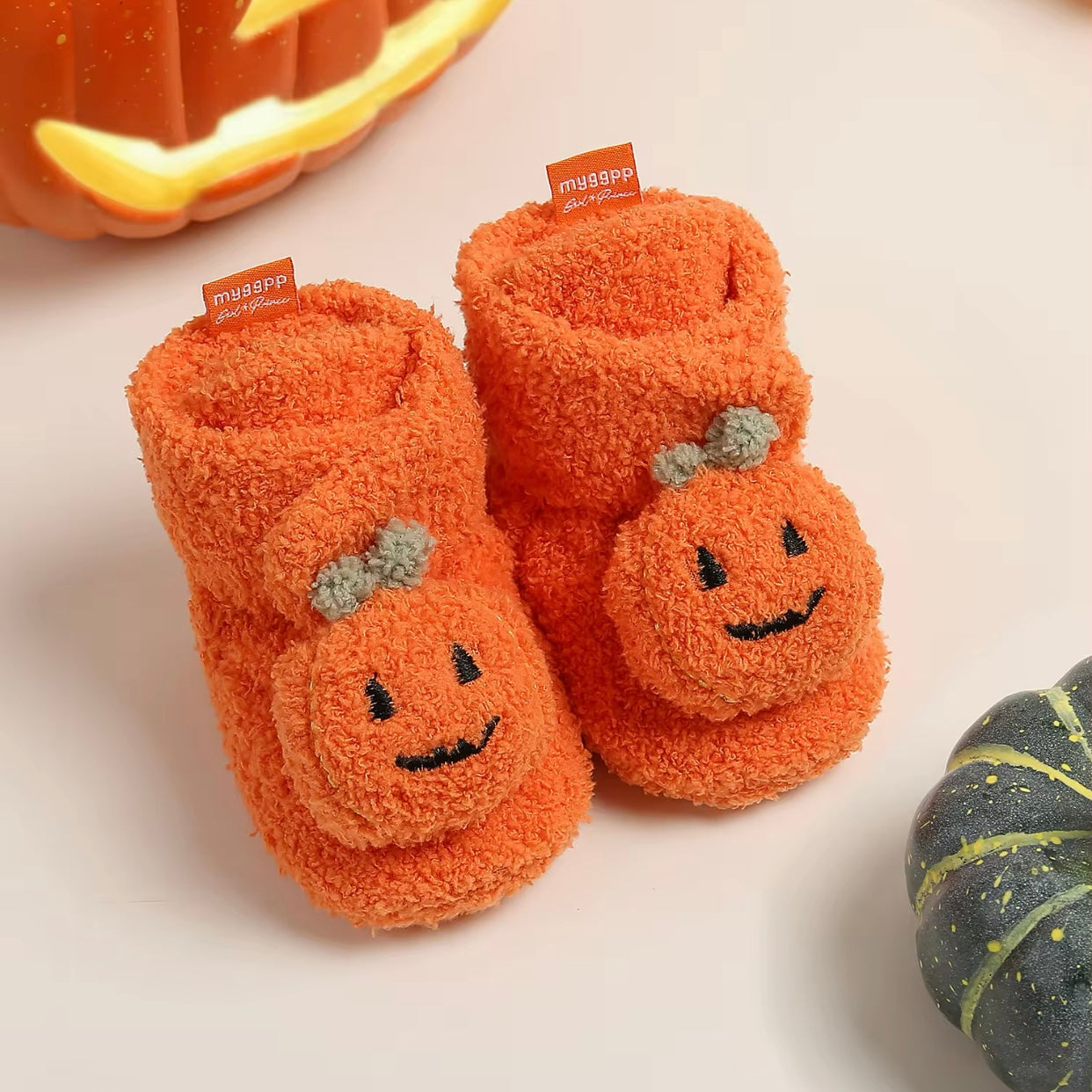 Baby Fleece Pumpkin Fluffy Halloween Booties (Age Newborn - 18M)
