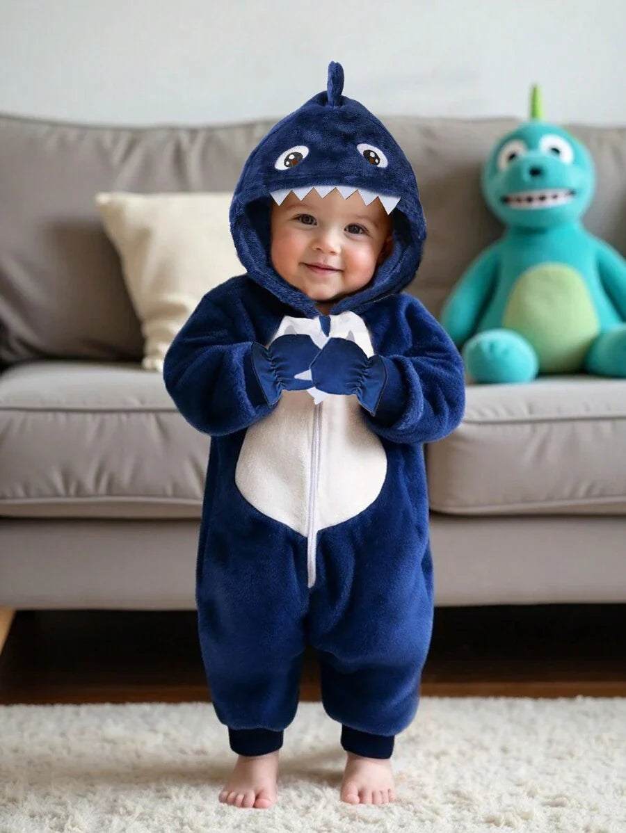 2pcs Baby Boy Gray & White Reversible Fleece Monster Paw Print Hooded Jumpsuit With Mittens, Sleepwear Set Baby Animal Costume Baby Boy Costume Baby Dinosaur Costume