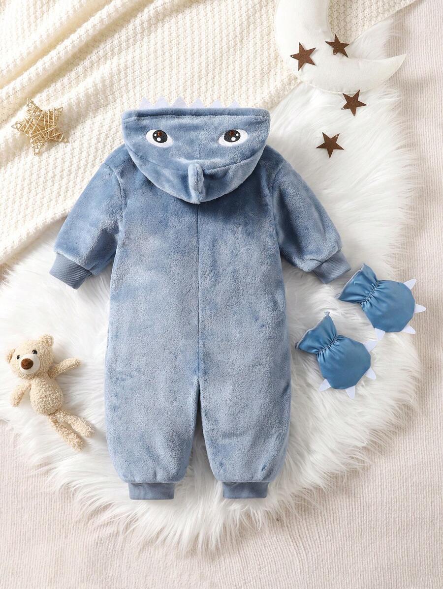 2pcs Baby Boy Gray & White Reversible Fleece Monster Paw Print Hooded Jumpsuit With Mittens, Sleepwear Set Baby Animal Costume Baby Boy Costume Baby Dinosaur Costume