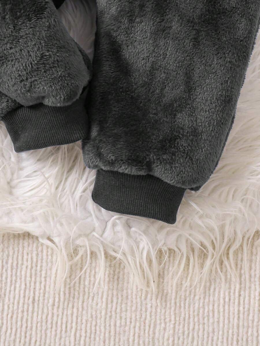 2pcs Baby Boy Gray & White Reversible Fleece Monster Paw Print Hooded Jumpsuit With Mittens, Sleepwear Set Baby Animal Costume Baby Boy Costume Baby Dinosaur Costume