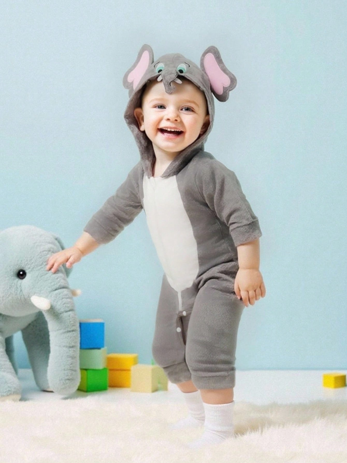 Baby Elephant Halloween Costume Romper – Hooded Flannel Jumpsuit with Big Ears & Zipper | Ages Newborn–9M