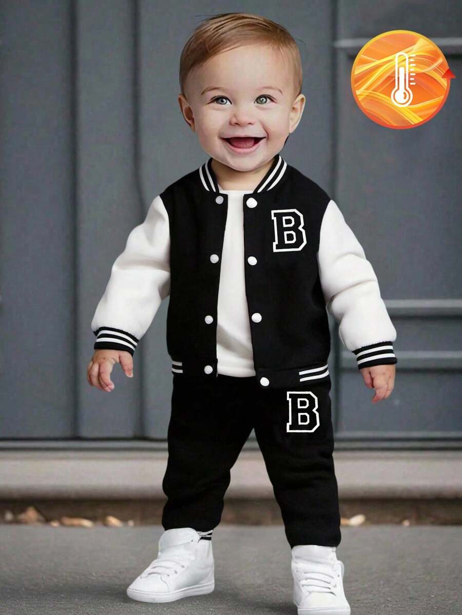 Baby/Toddler Boy Letter Print Baseball Jacket & Pants Set – Fleece-Lined 2PC Outfit | Autumn/Winter | Ages 6M–3Y