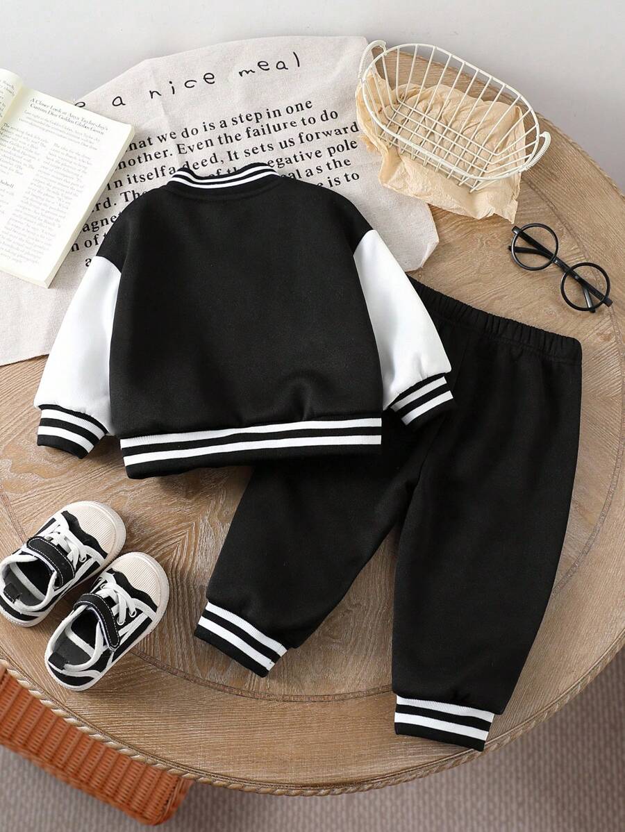 Baby/Toddler Boy Letter Print Baseball Jacket & Pants Set – Fleece-Lined 2PC Outfit | Autumn/Winter | Ages 6M–3Y
