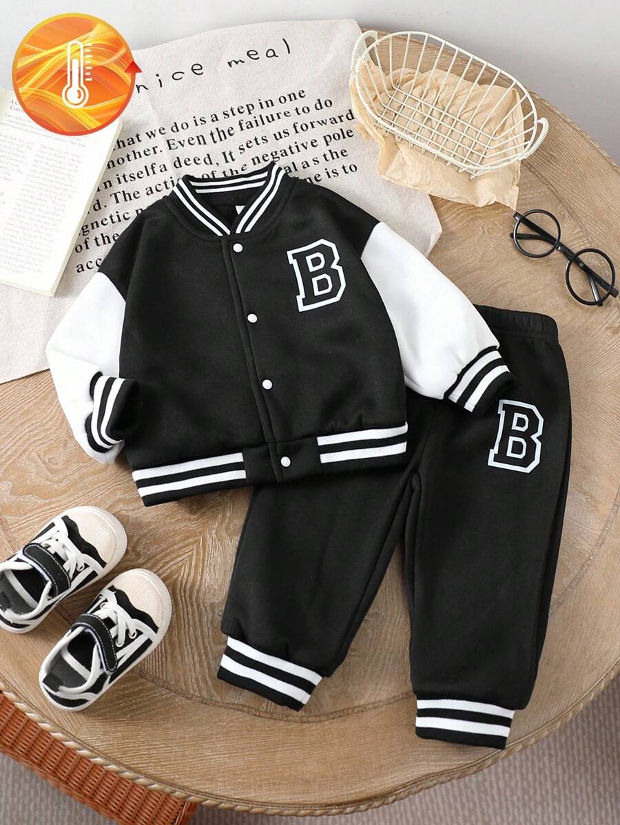 Baby/Toddler Boy Letter Print Baseball Jacket & Pants Set – Fleece-Lined 2PC Outfit | Autumn/Winter | Ages 6M–3Y