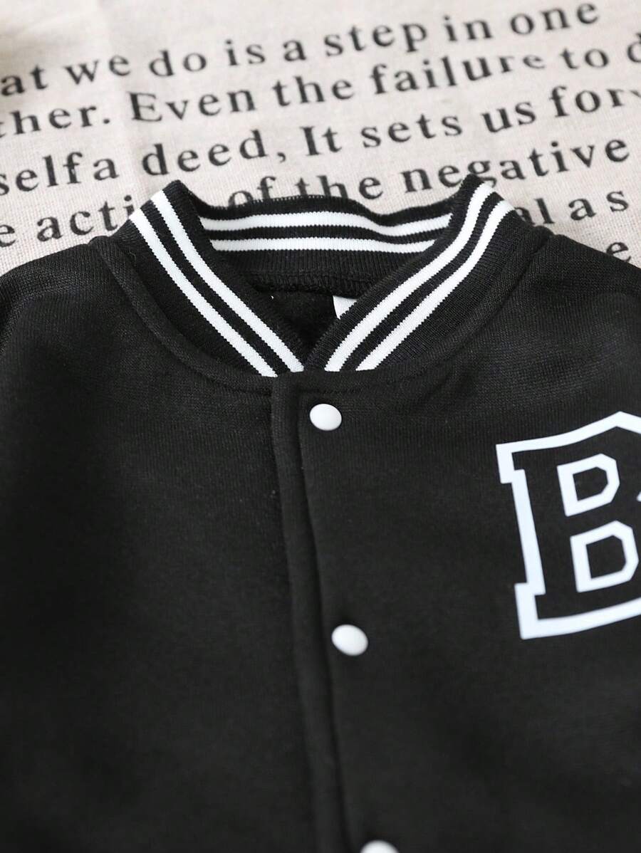 Baby/Toddler Boy Letter Print Baseball Jacket & Pants Set – Fleece-Lined 2PC Outfit | Autumn/Winter | Ages 6M–3Y
