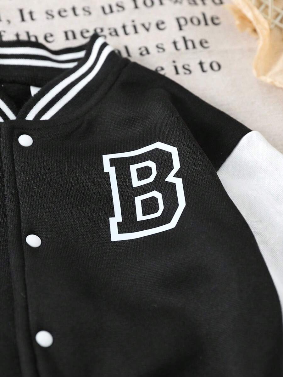 Baby/Toddler Boy Letter Print Baseball Jacket & Pants Set – Fleece-Lined 2PC Outfit | Autumn/Winter | Ages 6M–3Y