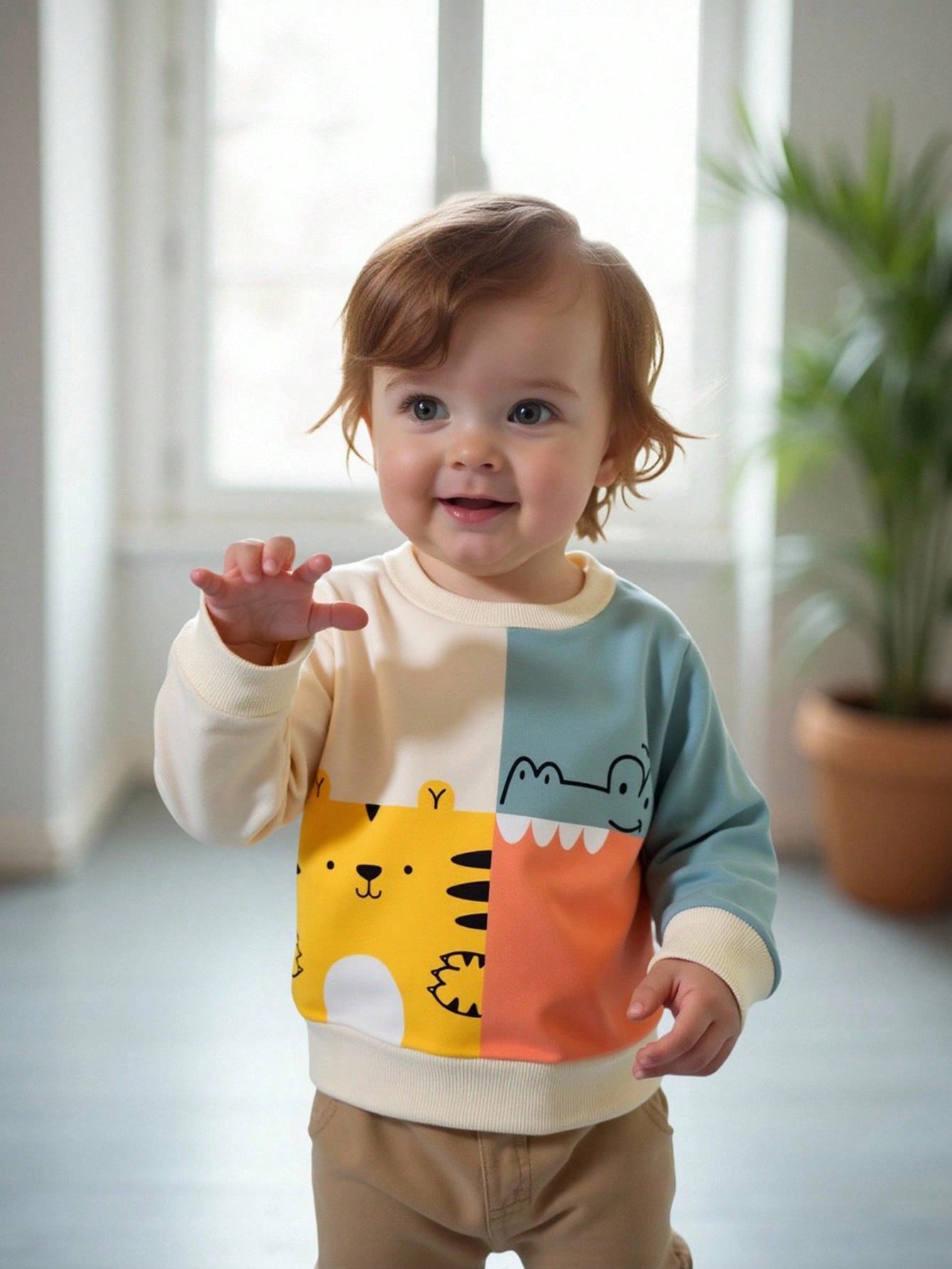 Toddler Boys Cartoon Animal Print Sweatshirt – Colorblock Long Sleeve Pullover | Ages 9M–3Y Multicolor