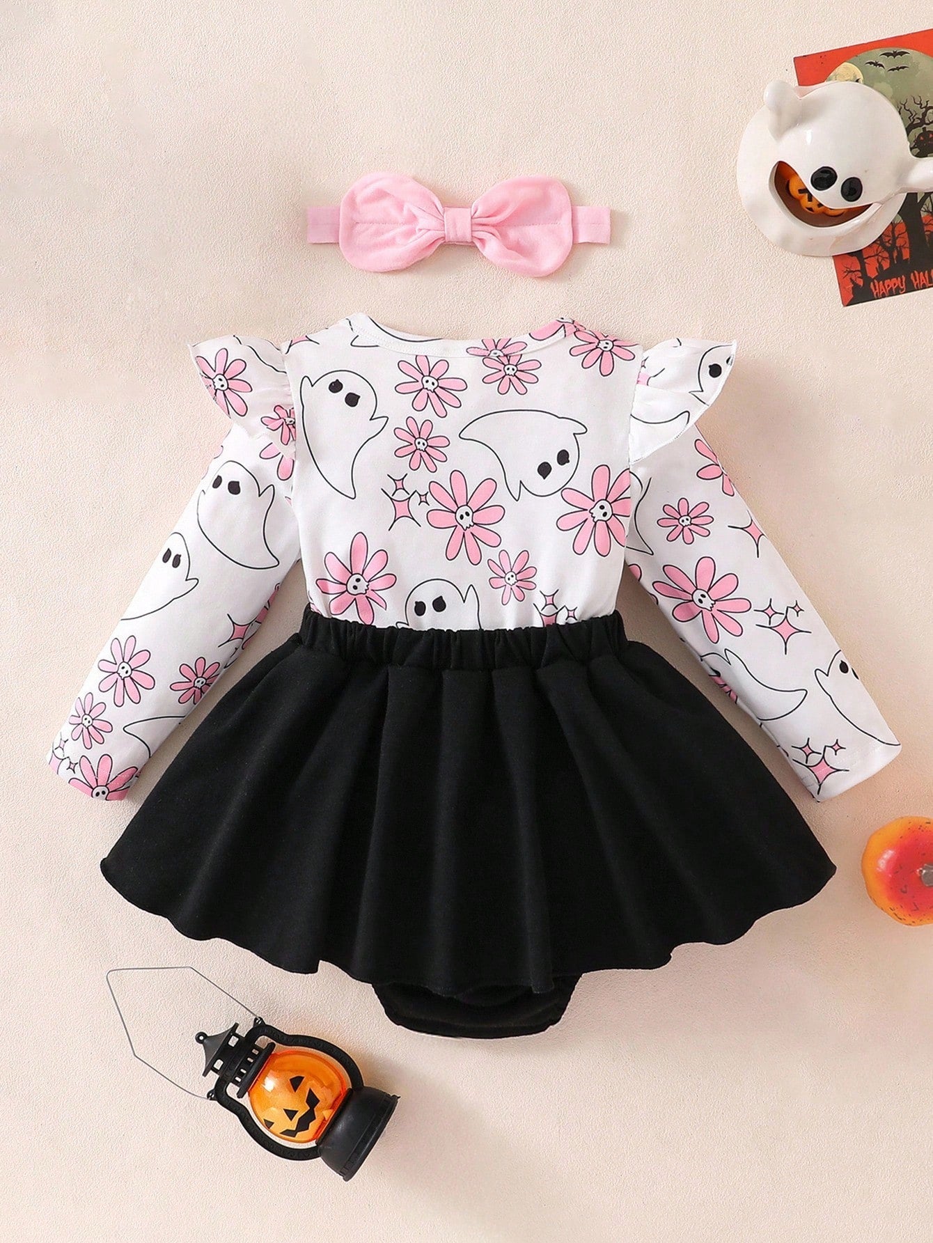 Toddler Girls Halloween Ghost Outfit – 3PC Romper, Dress & Headband Set | Ages 6M–3Y