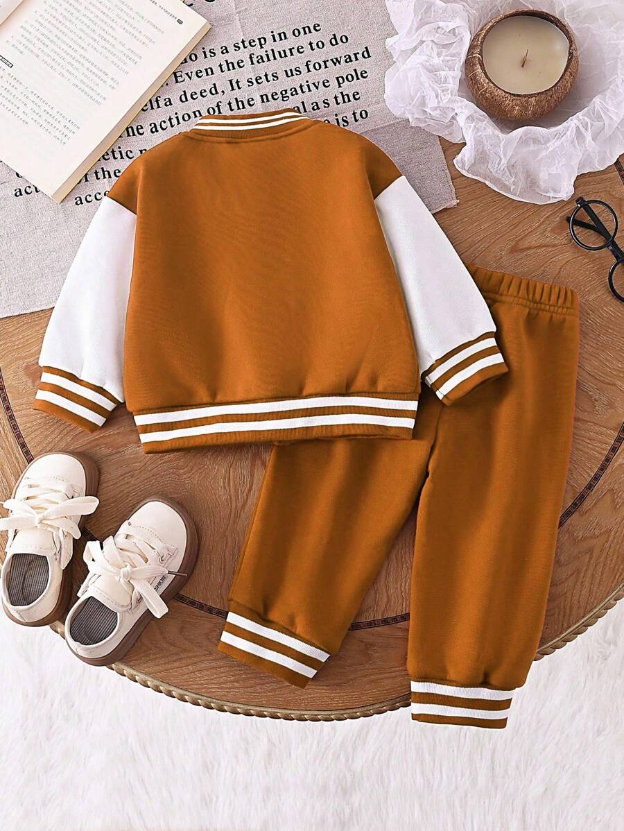 Baby/Toddler Boy Letter Print Baseball Jacket & Pants Set – Fleece-Lined 2PC Outfit | Autumn/Winter | Ages 6M–3Y