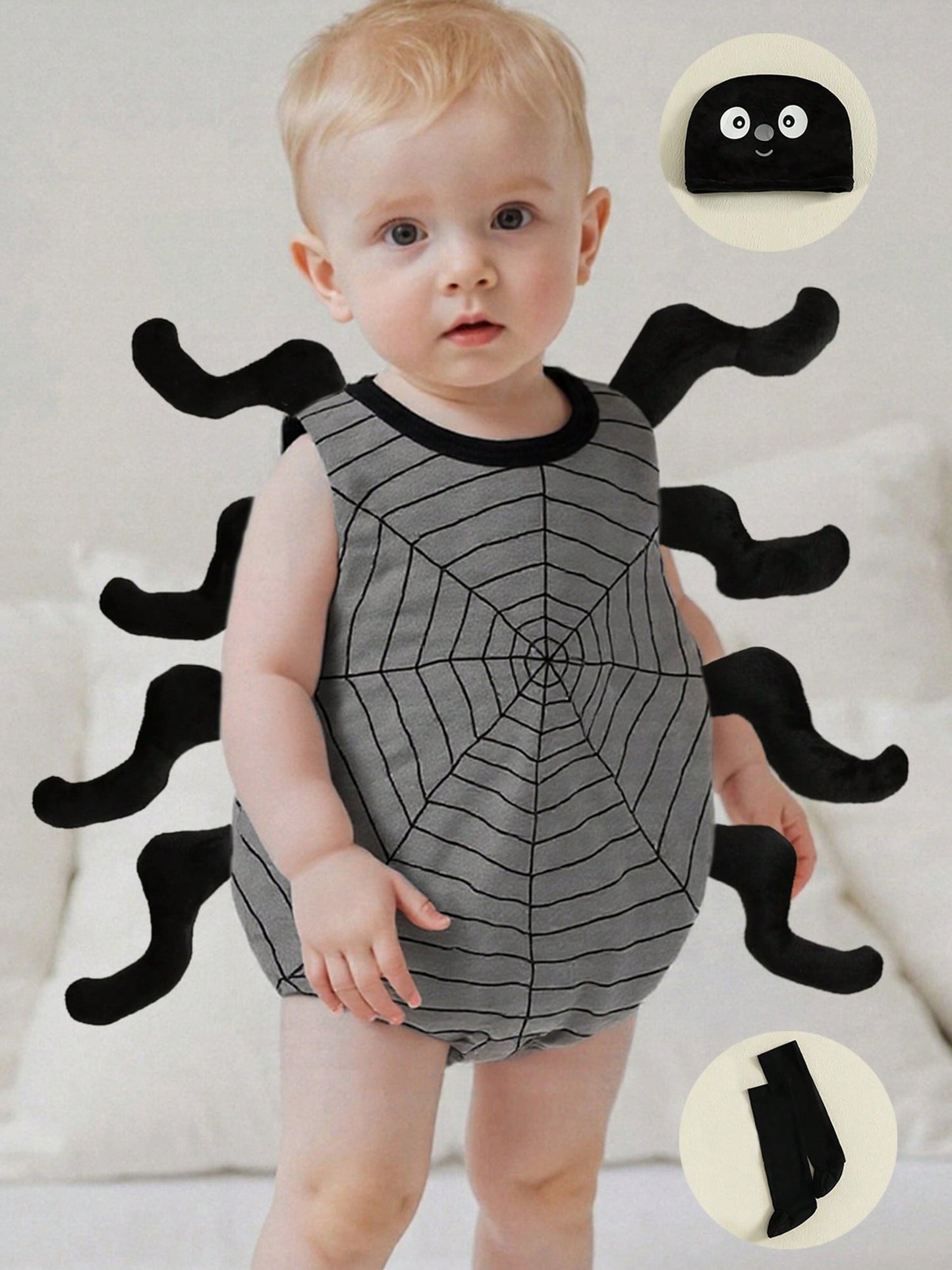 Spider Halloween Costume – 3-Piece Baby & Toddler Set | Sleeveless Romper, Socks & Hat (3M–3Y) Grey