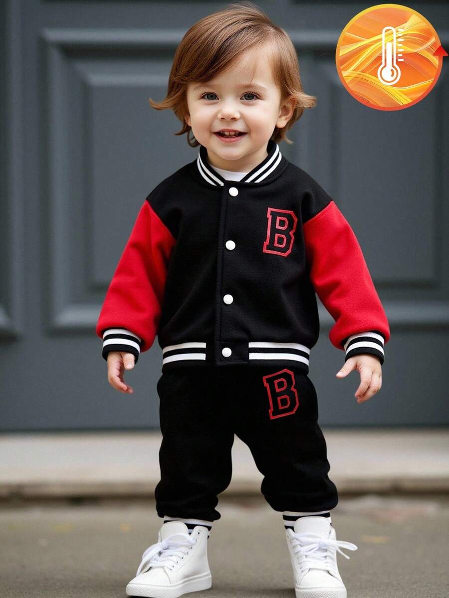 Baby/Toddler Boy Letter Print Baseball Jacket & Pants Set – Fleece-Lined 2PC Outfit | Autumn/Winter | Ages 6M–3Y