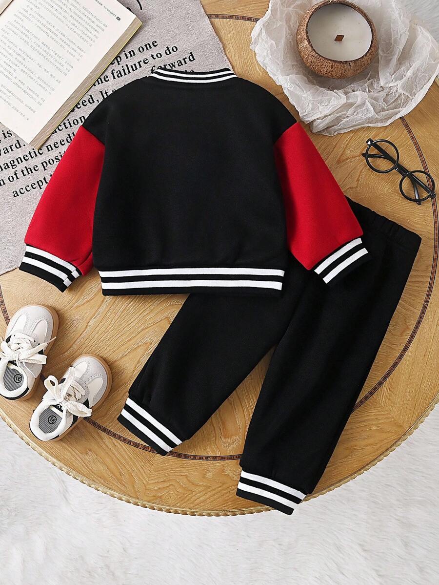 Baby/Toddler Boy Letter Print Baseball Jacket & Pants Set – Fleece-Lined 2PC Outfit | Autumn/Winter | Ages 6M–3Y