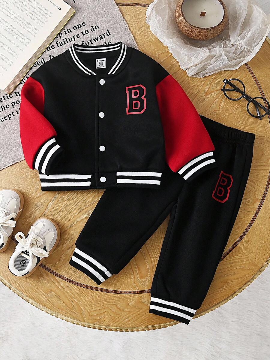 Baby/Toddler Boy Letter Print Baseball Jacket & Pants Set – Fleece-Lined 2PC Outfit | Autumn/Winter | Ages 6M–3Y