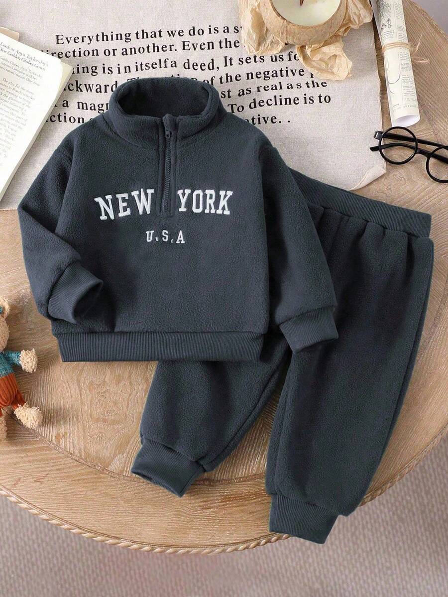 Baby/Toddler Boy Casual Set – Letter Embroidery Half-Zip Top & Solid Trousers | Age 6M-3 YRS)
