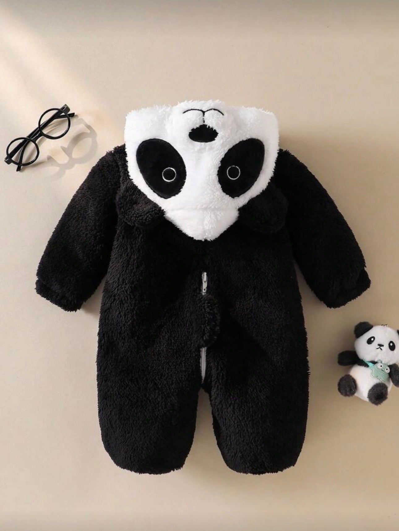 Baby Panda Halloween Costume Outfit Set – Plush Long Sleeve Jumpsuit & 3D Embroidered Hat | Age Newborn - 9M