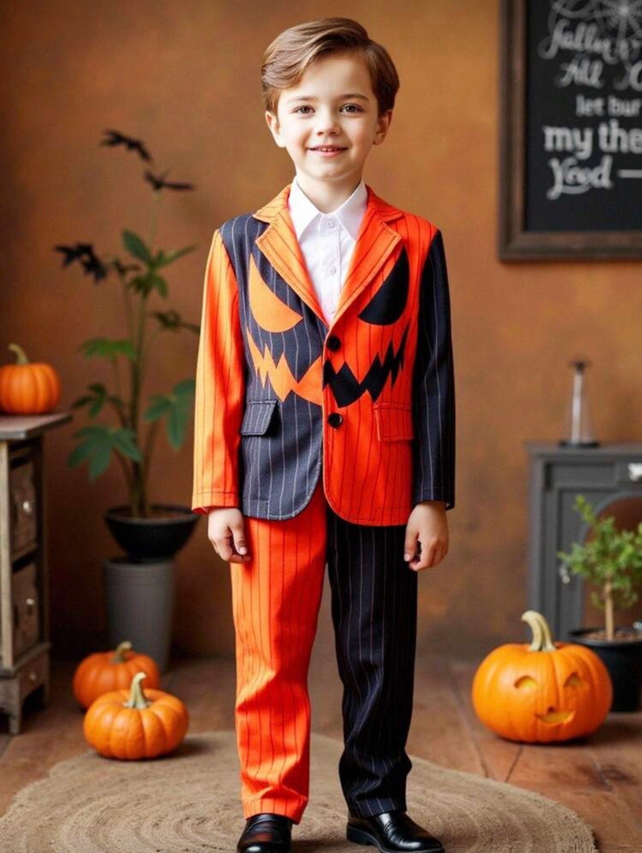 Kids Boys Jack-O Pinstripe Suitmeister Costume 3-Piece Suit | Pumpkin Print Jacket, Trousers & Tie (Age 2-7 YRS)