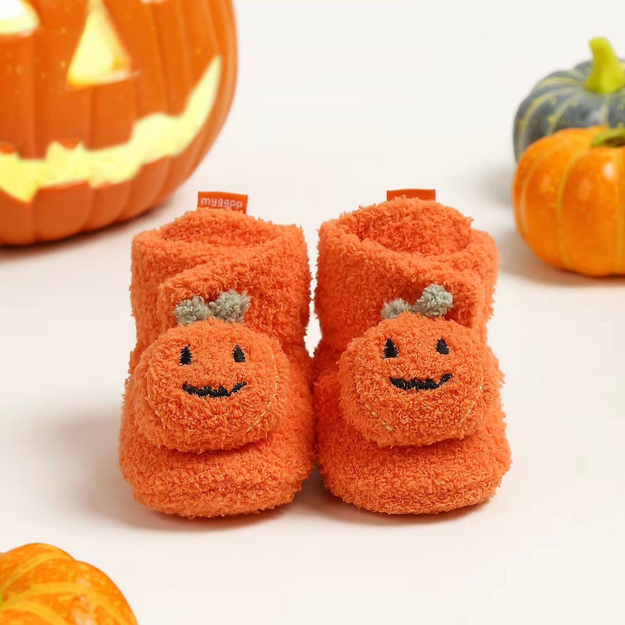 Baby Fleece Pumpkin Fluffy Halloween Booties (Age Newborn - 18M)