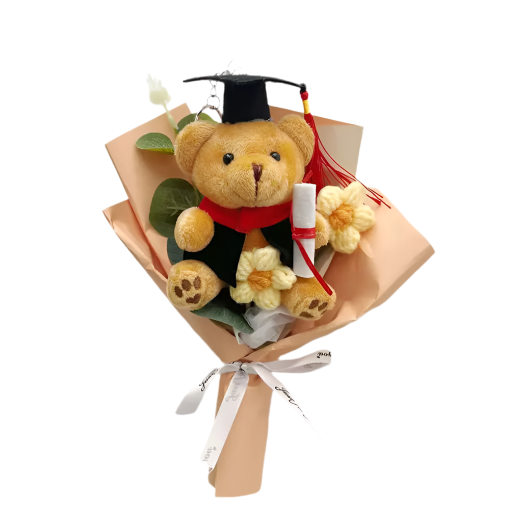 Handmade Flower Graduation Plush Teddy Bear Gift Bouquet Orange - 22cm