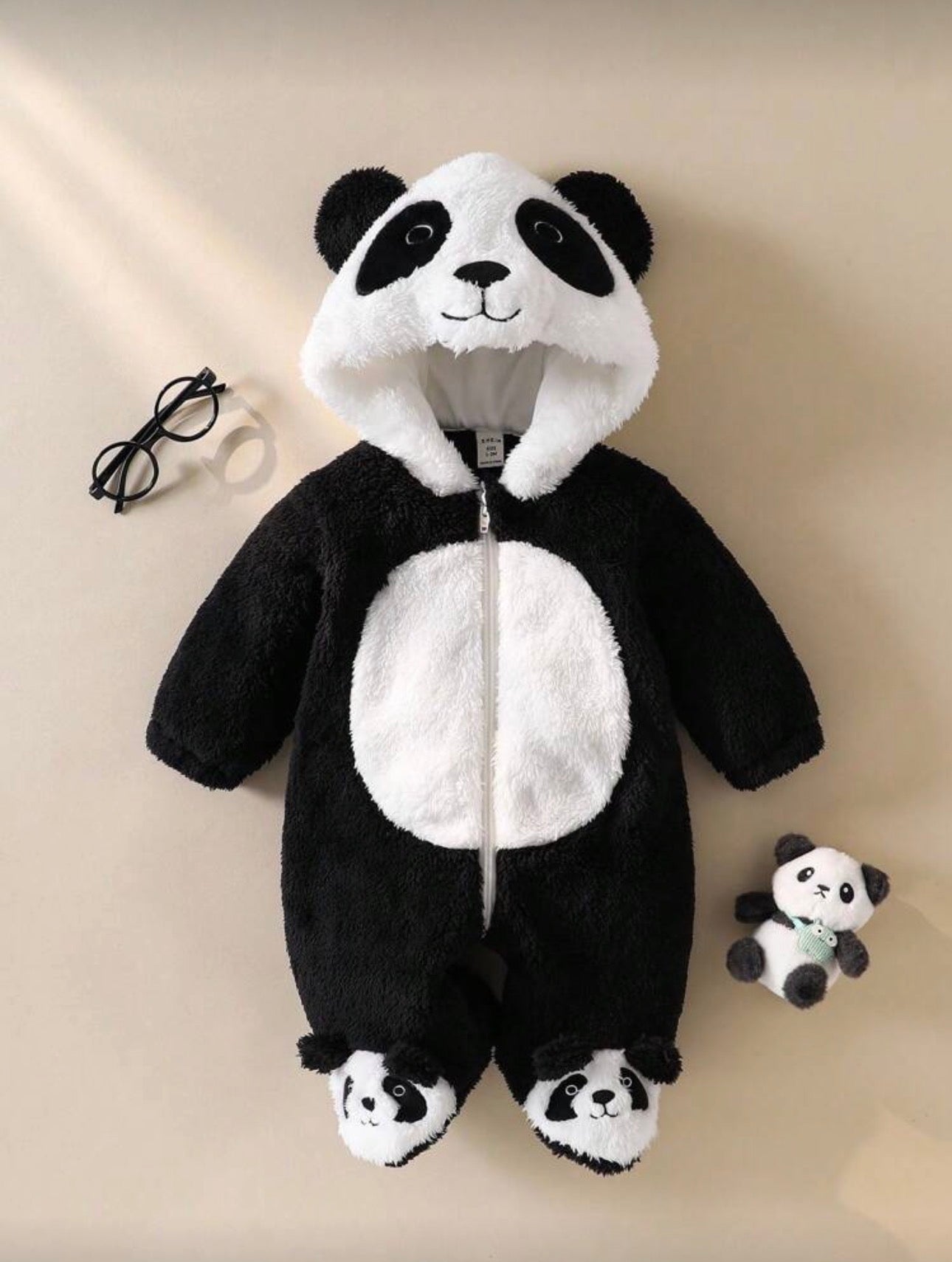 Baby Panda Halloween Costume Outfit Set – Plush Long Sleeve Jumpsuit & 3D Embroidered Hat | Age Newborn - 9M