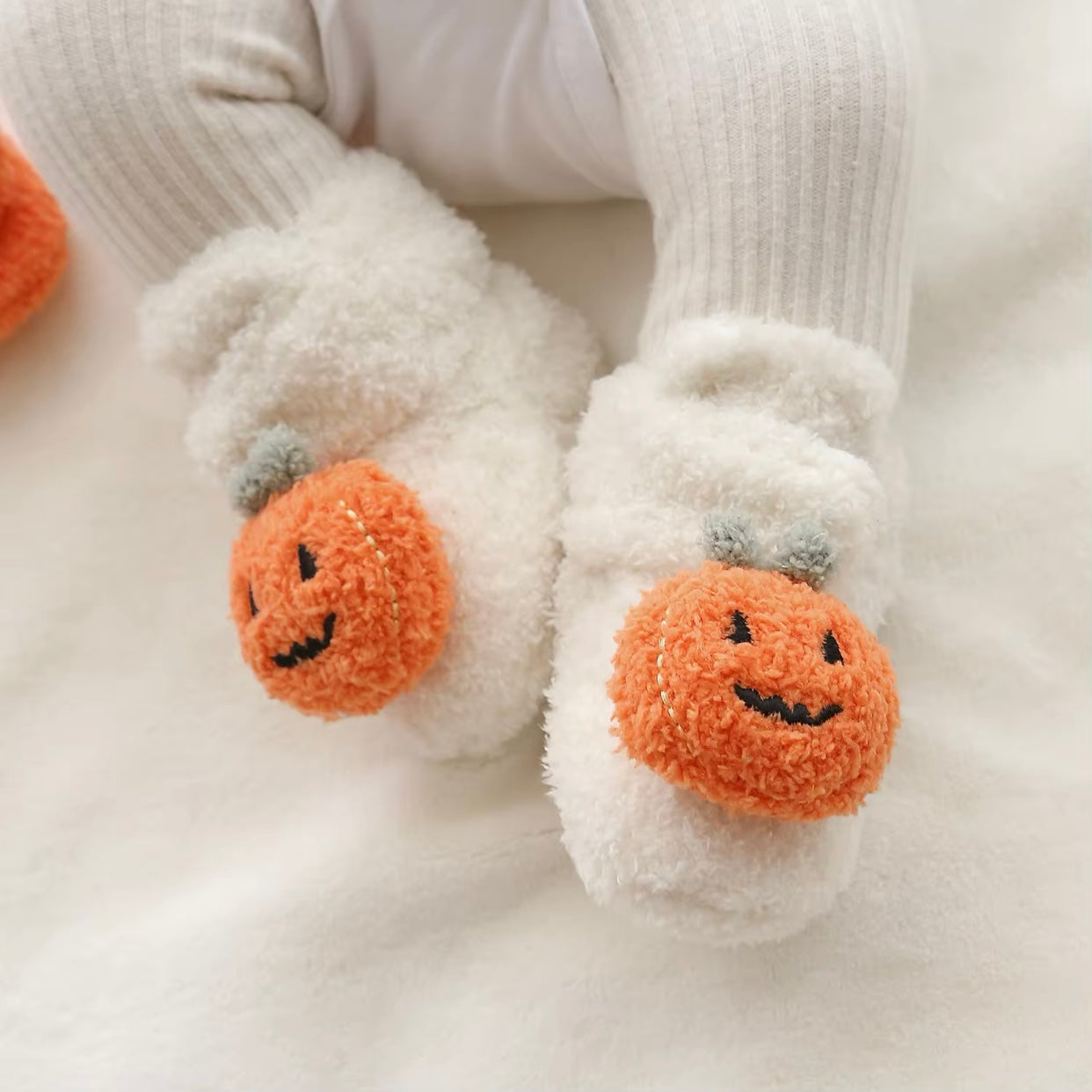 Baby Fleece Pumpkin Fluffy Halloween Booties (Age Newborn - 18M)