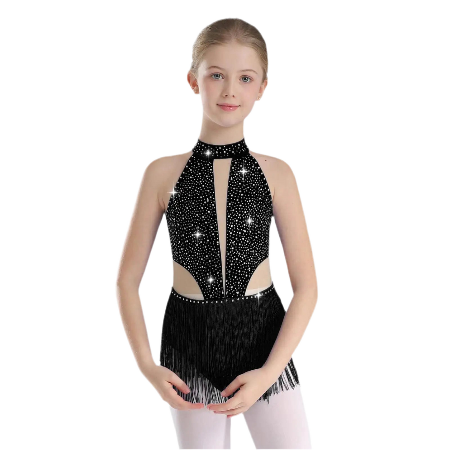 Girls Dance Costume Sleeveless Rhinestone Tassel Leotard (Age 6-16 YRS)