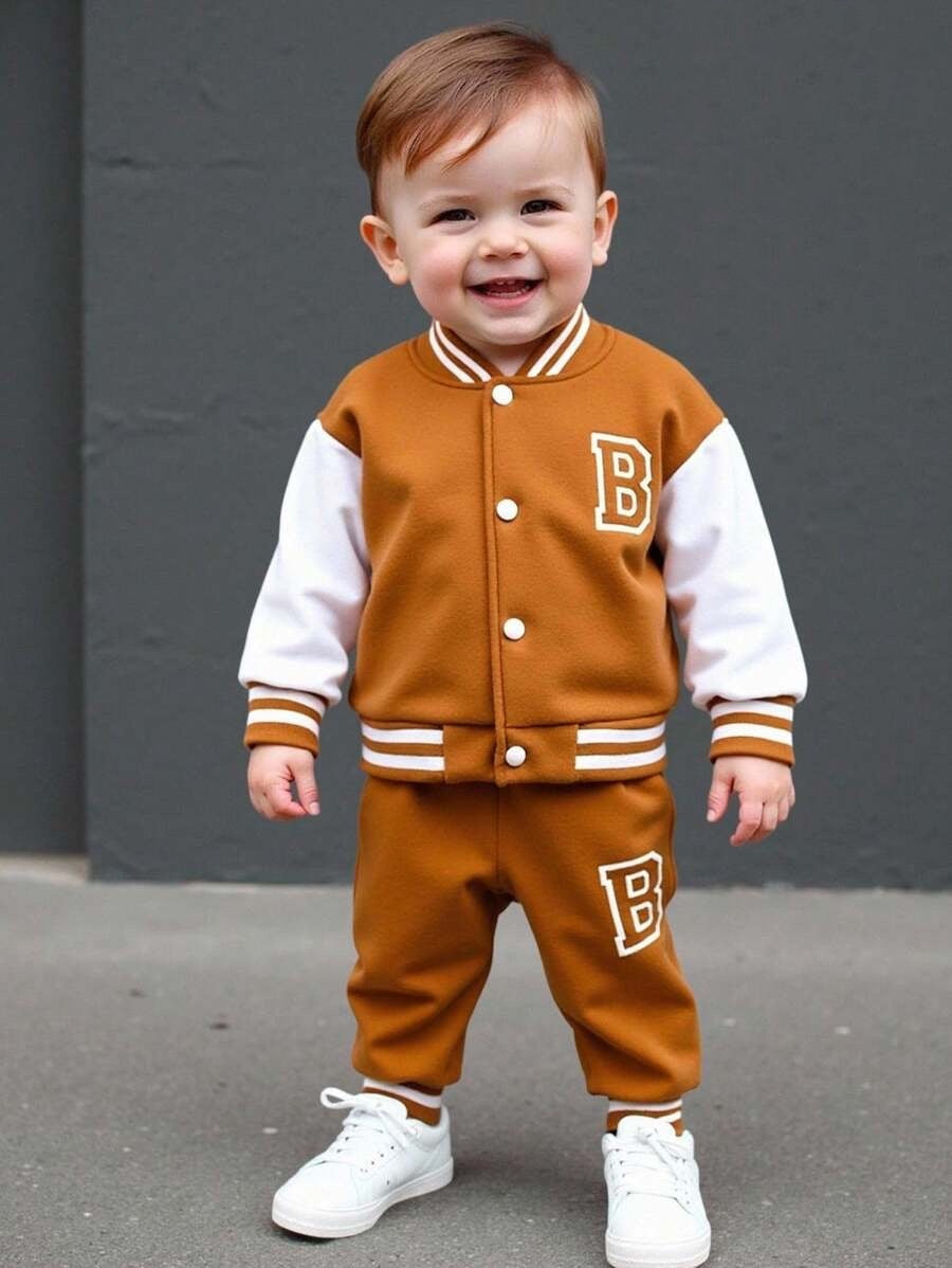 Baby/Toddler Boy Letter Print Baseball Jacket & Pants Set – Fleece-Lined 2PC Outfit | Autumn/Winter | Ages 6M–3Y Coffee Brown