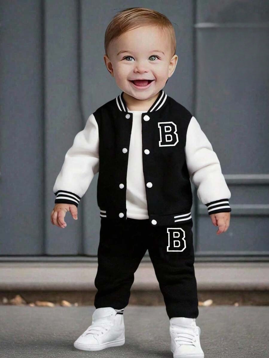 Baby/Toddler Boy Letter Print Baseball Jacket & Pants Set – Fleece-Lined 2PC Outfit | Autumn/Winter | Ages 6M–3Y Black and White