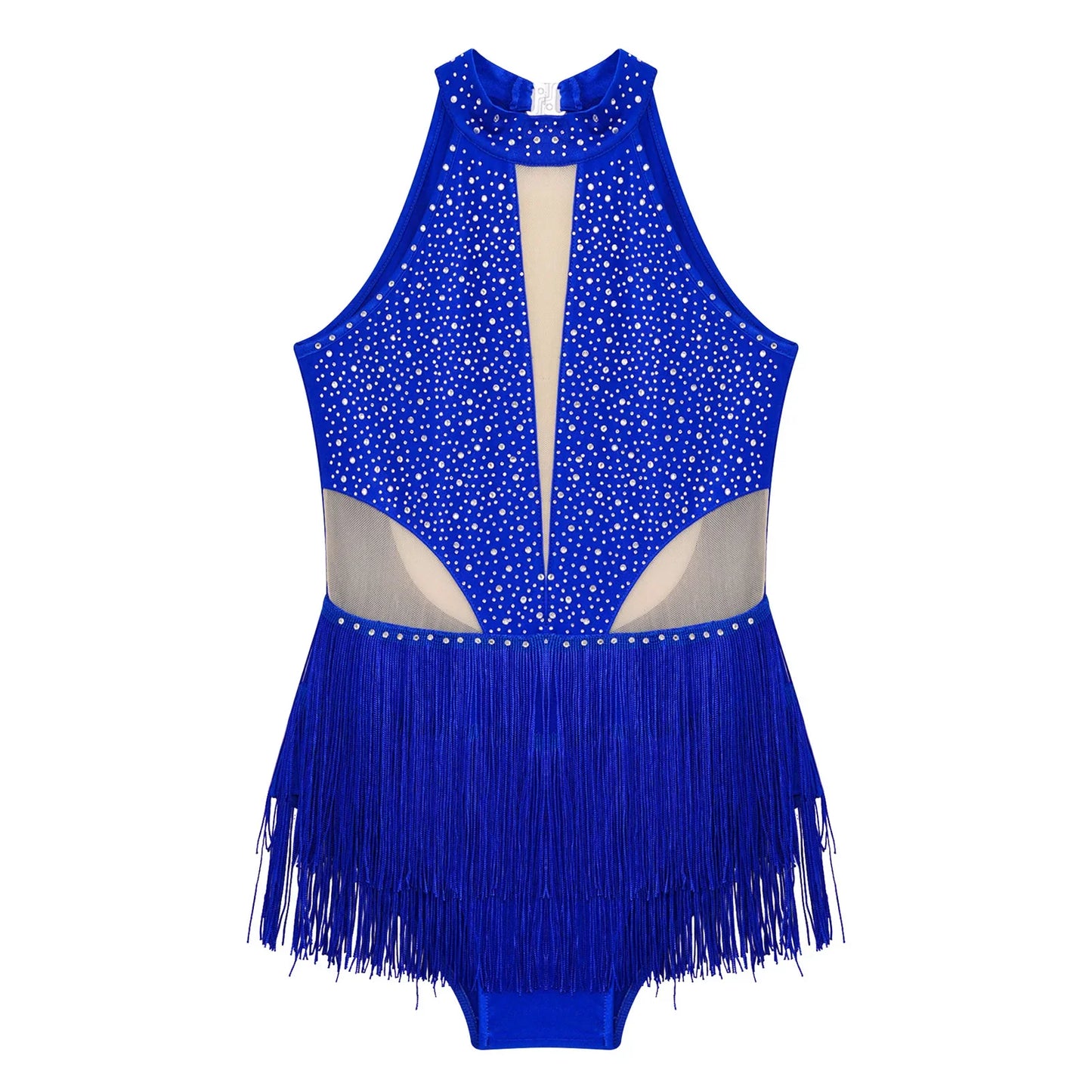 Girls Dance Costume Sleeveless Rhinestone Tassel Leotard (Age 6-16 YRS)