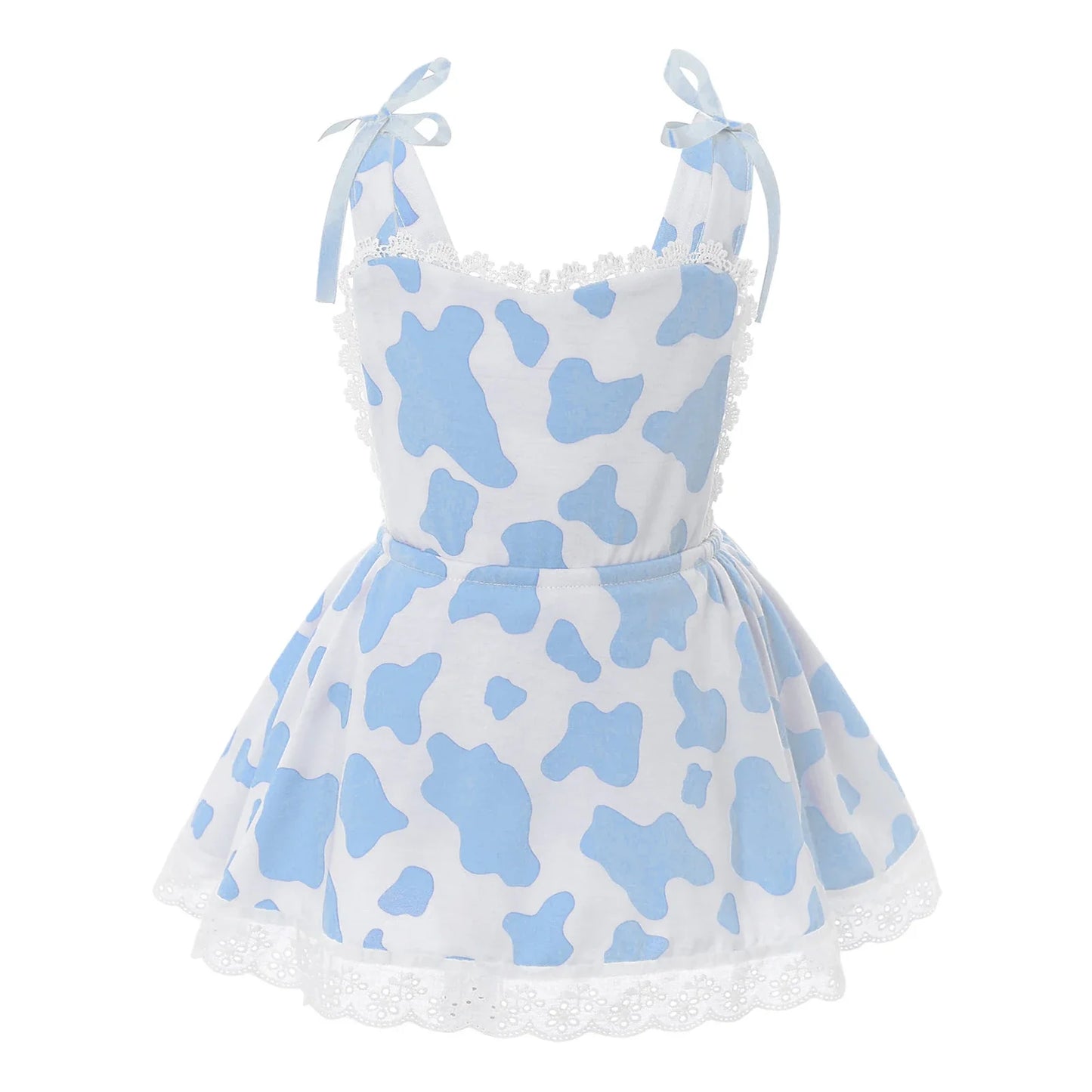 Girls Cow Print Sleeveless Lace Trim Dress (Age 12M-6 YRS)