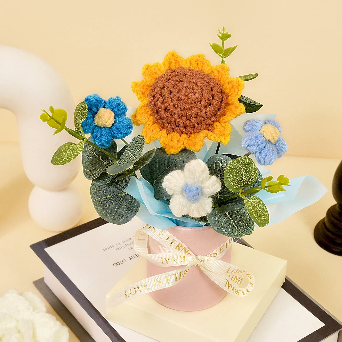 Handmade Crochet Knitted Flower Bouquet,Rose & Sunflower Bouquet - Home Decor & Gift for Woman Wife Mom Sky Blue