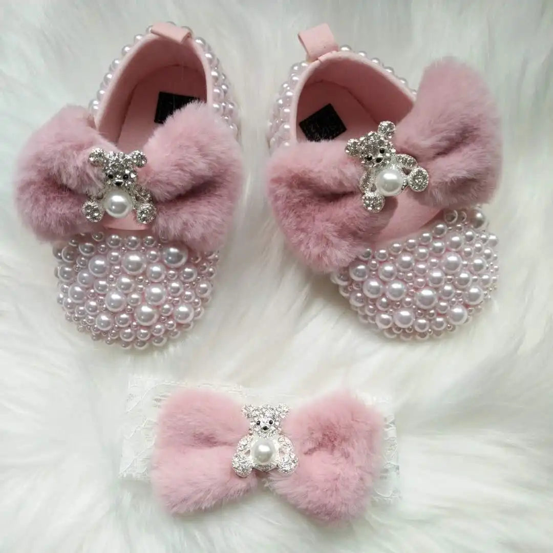 Baby Girls Pink Pearl & Rhinestone Embellished Shoes (Age Newborn - 18M)
