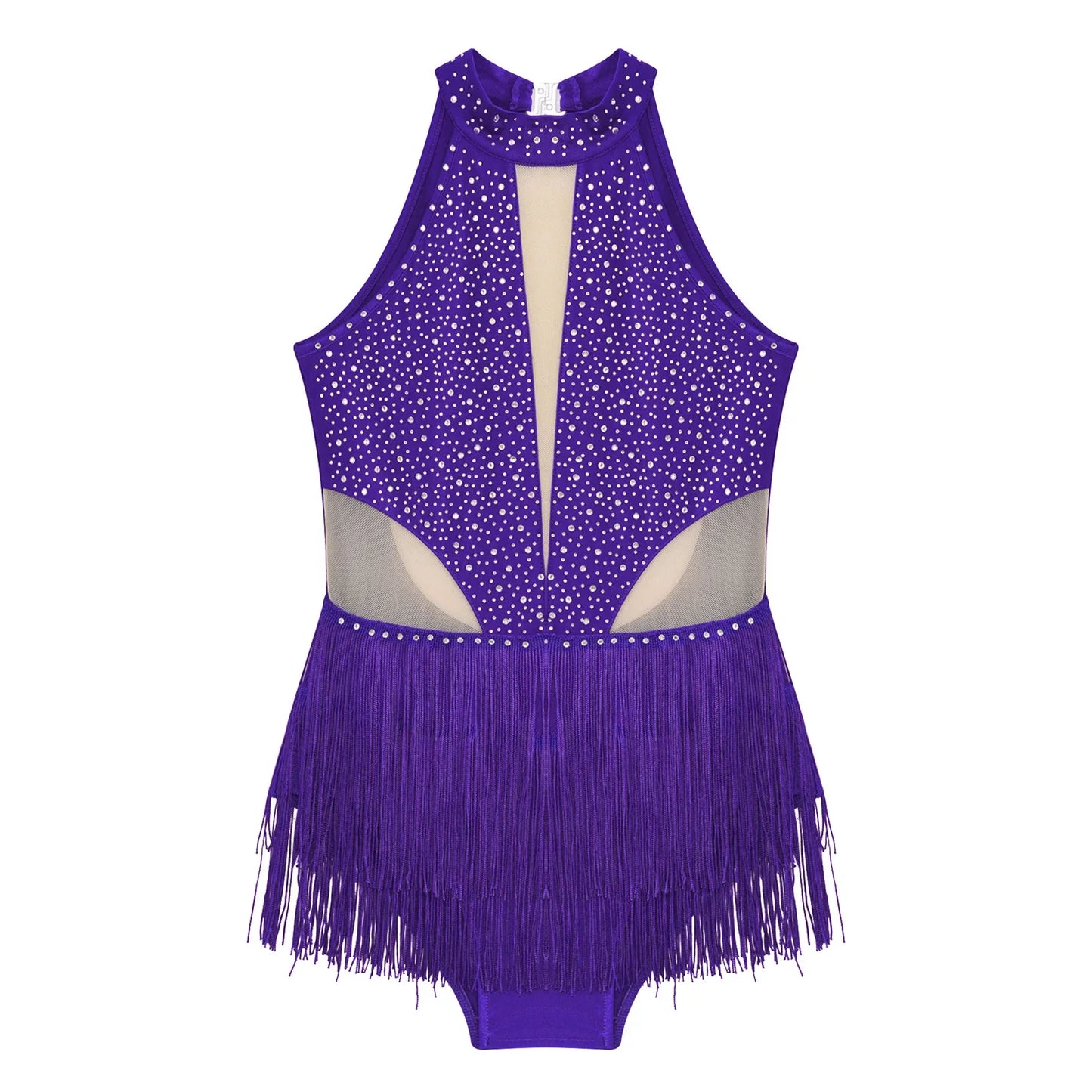 Girls Dance Costume Sleeveless Rhinestone Tassel Leotard (Age 6-16 YRS)