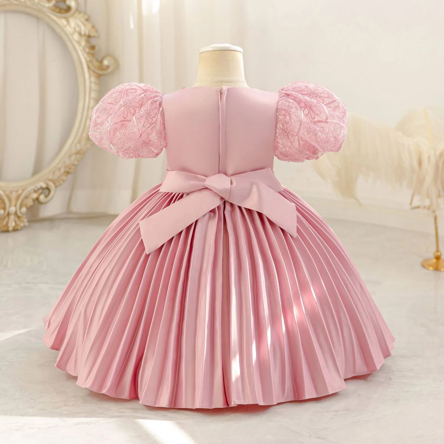 Baby Girls Princess Puff Sleeves Satin Faux Pearls Pleated Tulle Dress (9M-5YRS)
