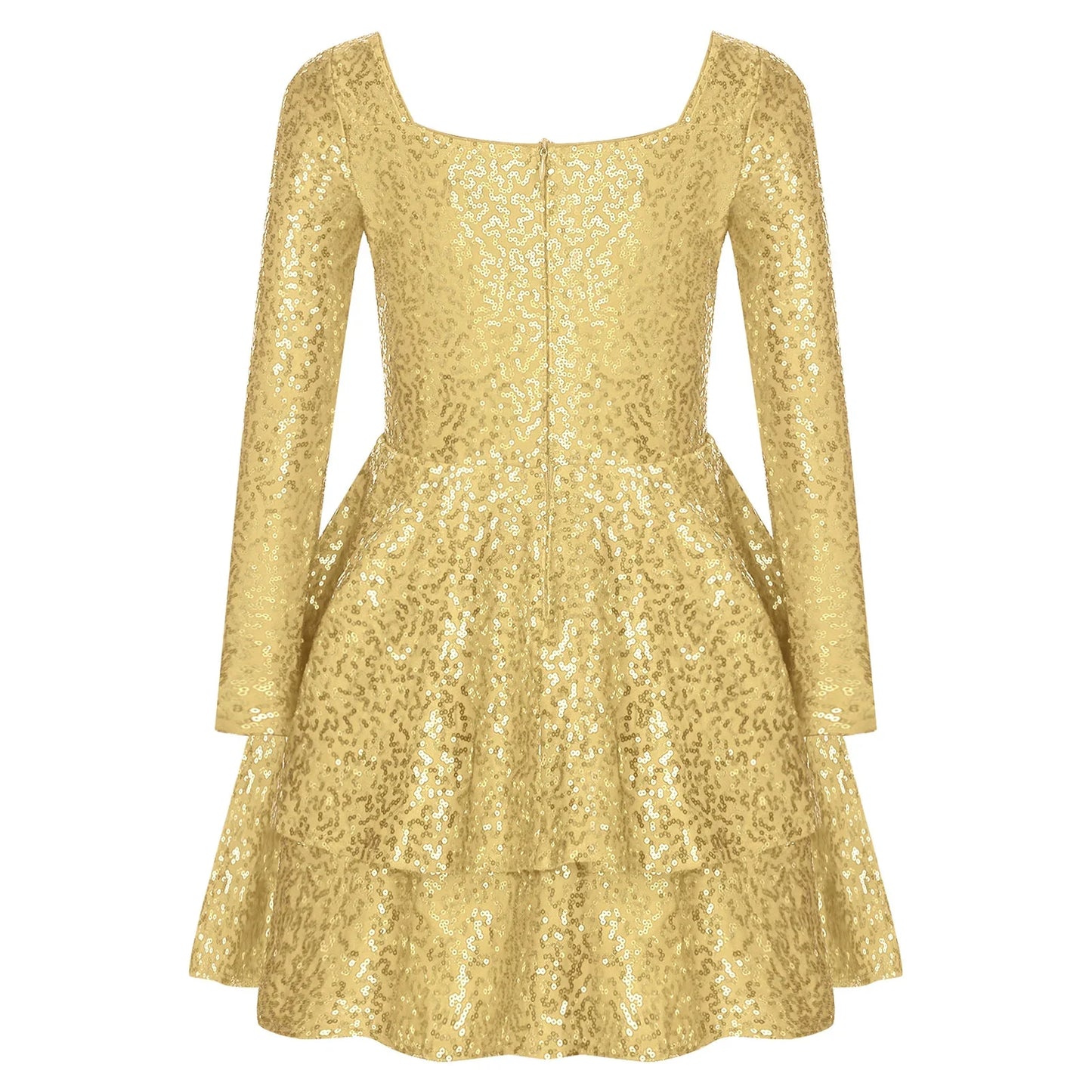 Girls Sequin Long Sleeve Double Layer Hemline Dress (Age 6-14 YRS)