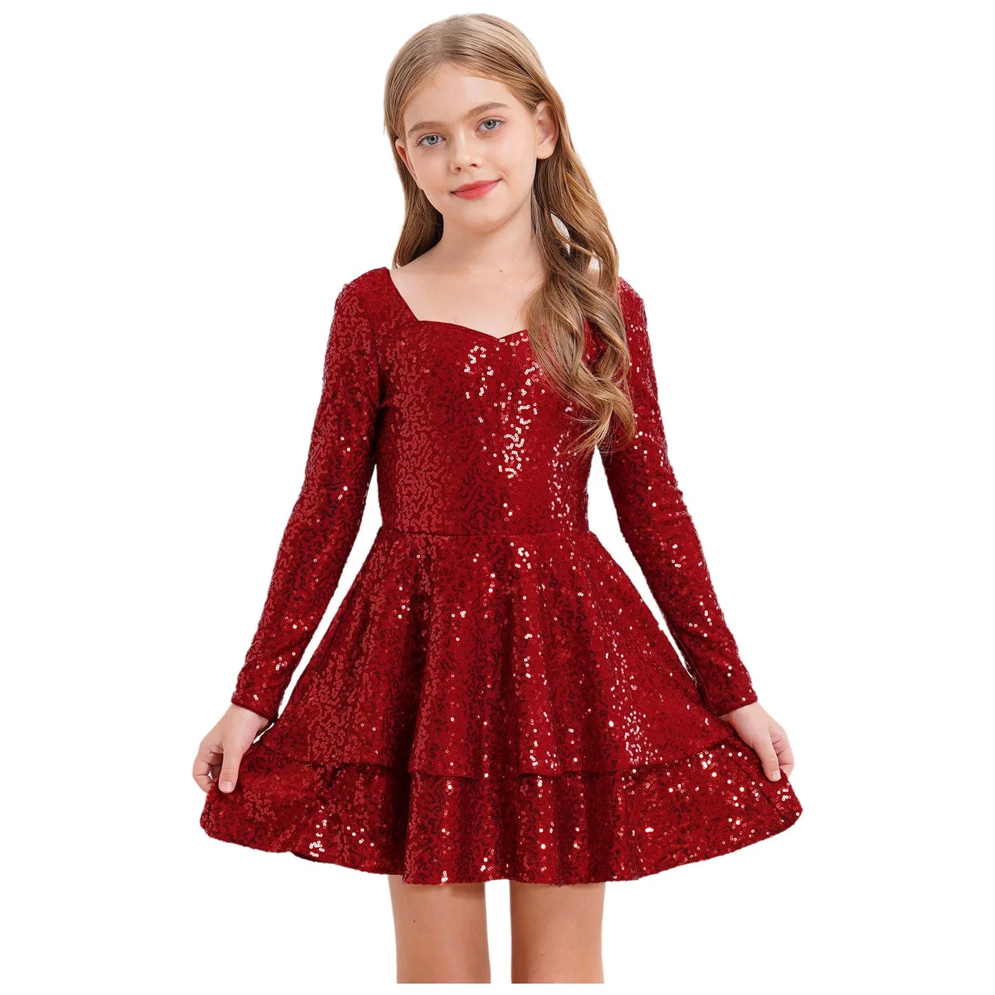 Girls Sequin Long Sleeve Double Layer Hemline Dress (Age 6-14 YRS)