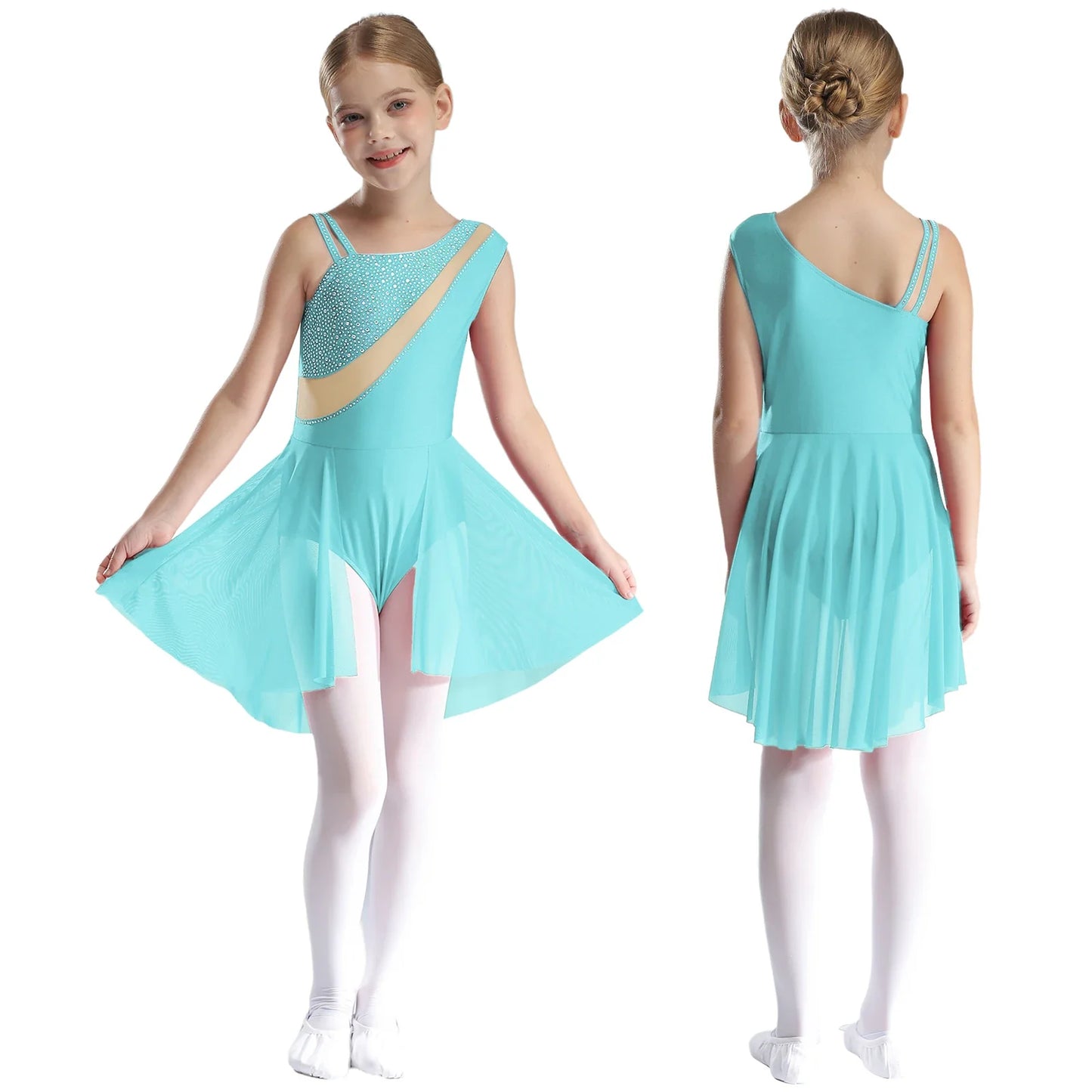 Girls Dance Performance Costume Rhinestones Mesh Skirted Leotard (Age 6-14YRS)