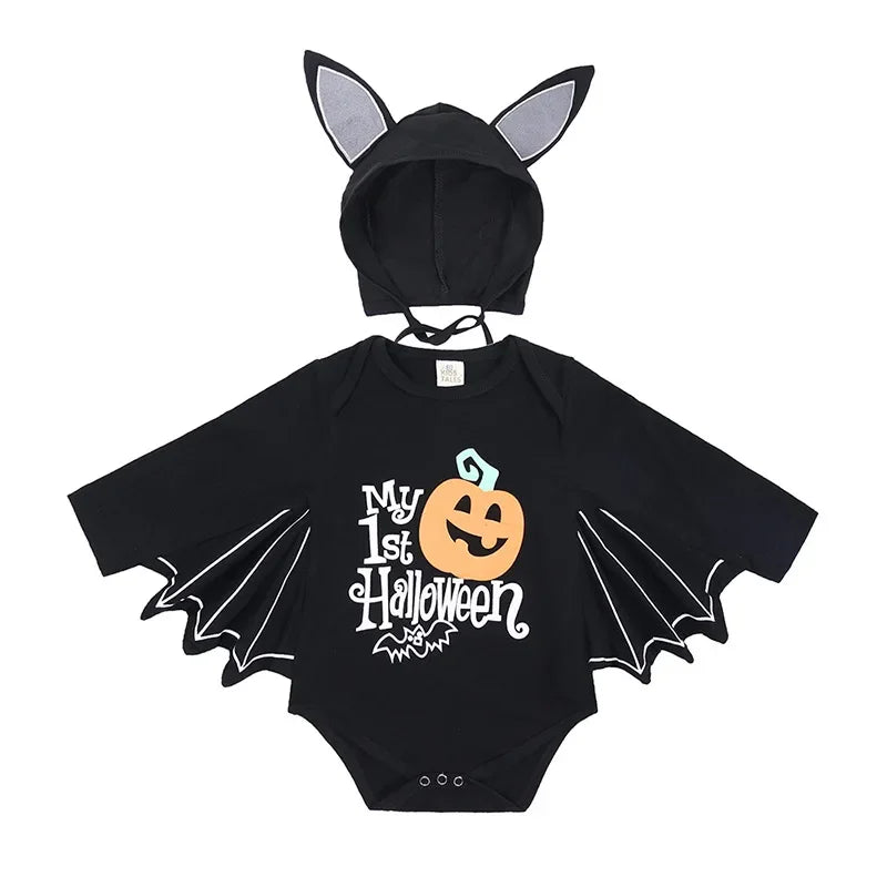 Skeleton Black Bat Costume for Baby 3-6M 6-12M 12-24M Purim Halloween Costumes Romper Hat 2pcs/set pumpkin short