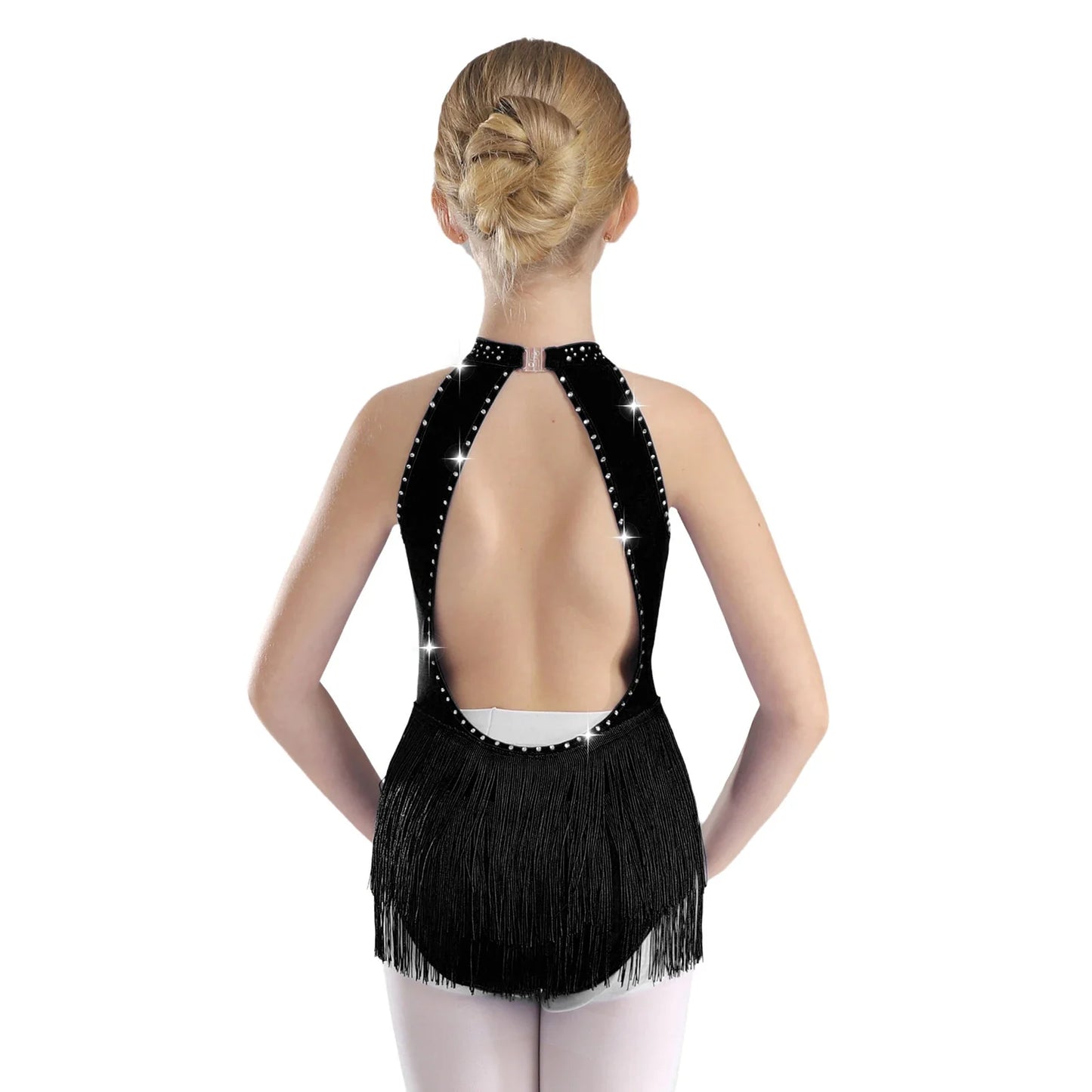 Girls Dance Costume Sleeveless Rhinestone Tassel Leotard (Age 6-16 YRS)