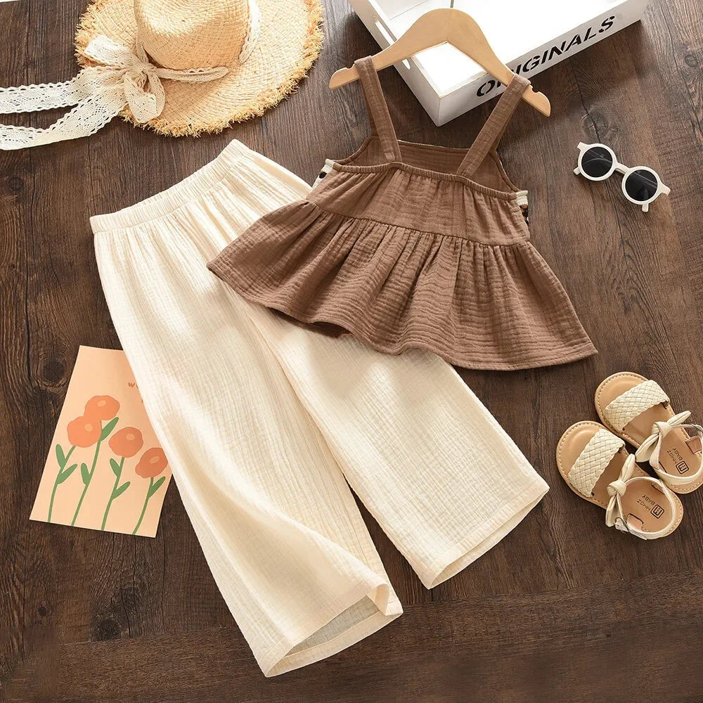 Girls Summer Brown Boho Printed Camisole Top & Beige Trousers Set (Age 3-7 YRS)