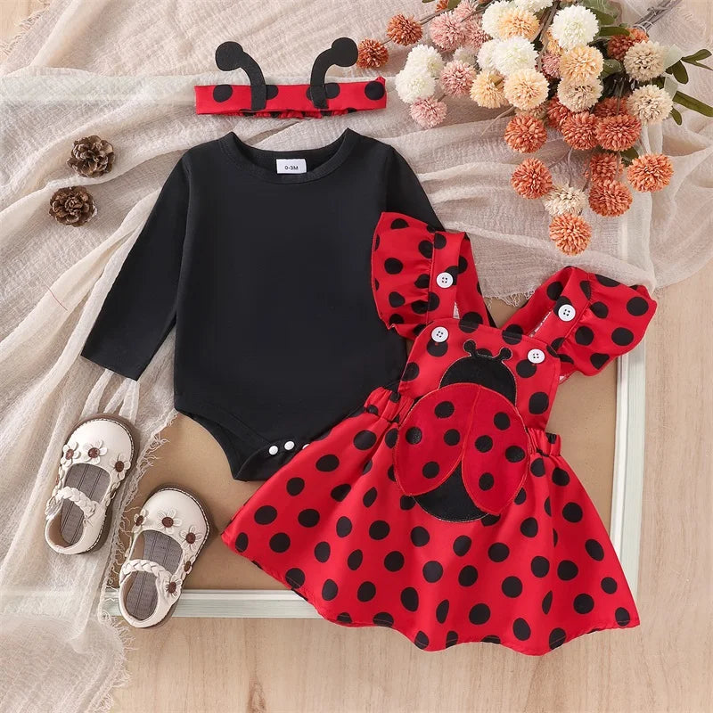 Newborn Baby Girl Halloween Outfit Long Flying Sleeve Romper Bee Suspender Skirt Dress Cute Baby Girl Fall Winter Clothes Red