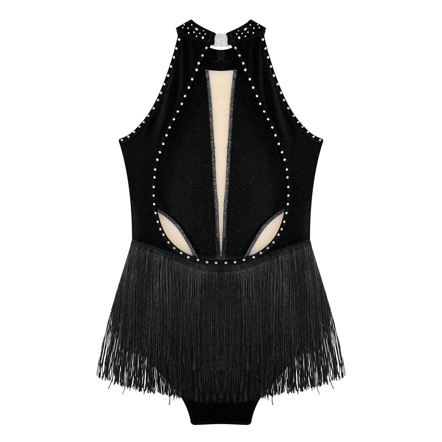 Girls Dance Costume Sleeveless Rhinestone Tassel Leotard (Age 6-16 YRS)