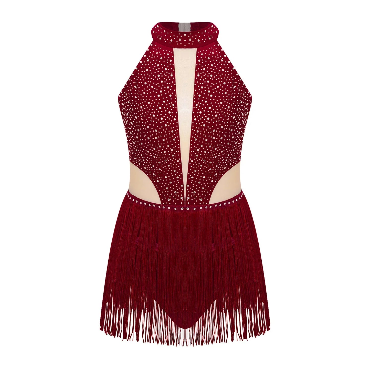 Girls Dance Costume Sleeveless Rhinestone Tassel Leotard (Age 6-16 YRS)