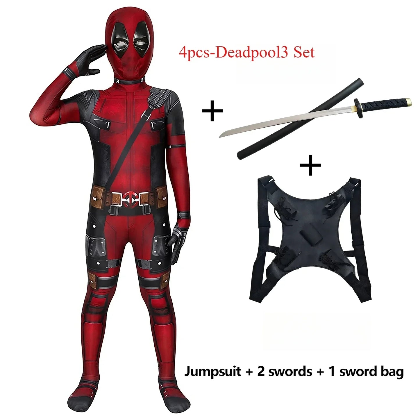 Deadpool Costume Kids Superhero Deadpool Child Cosplay Costume Swords Kids Jumpsuit Deadpool Costume For Children Halloween Suit 4pcs-Deadpool3 Set