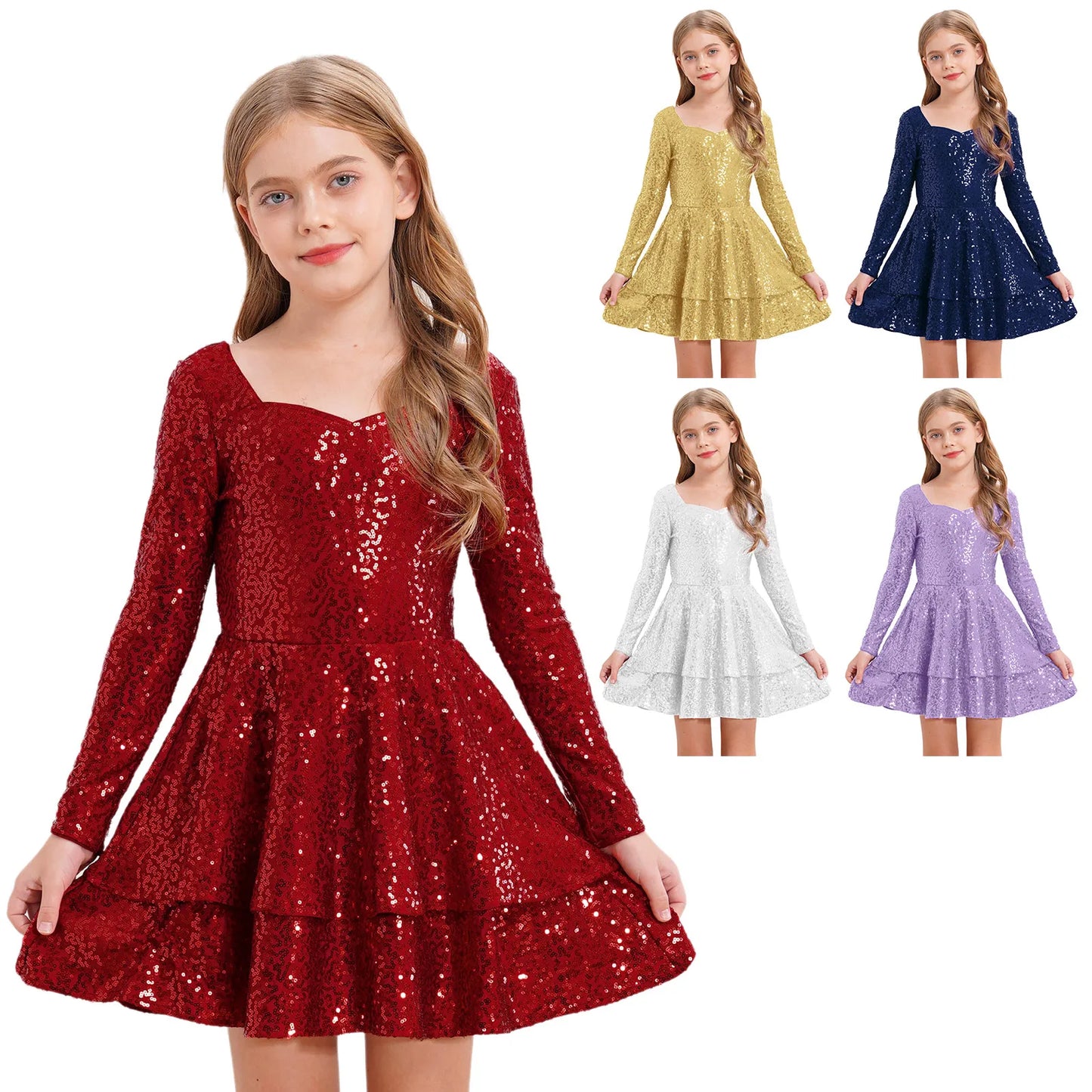 Girls Sequin Long Sleeve Double Layer Hemline Dress (Age 6-14 YRS)