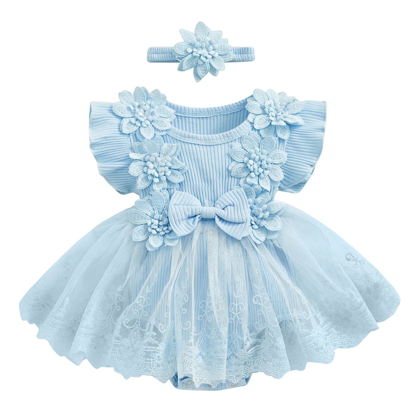 Baby Girls Romper Lace Ruffle Dress & Headband (Age 3-18M) Blue