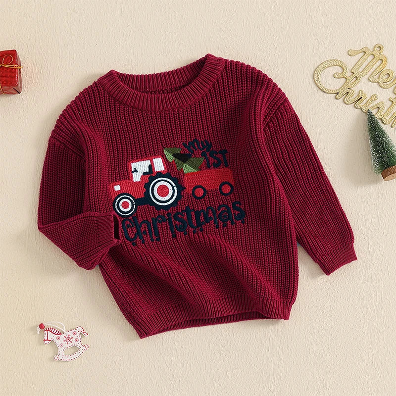Baby Girls/Boys Christmas Tractor Ribbed Jumper (Age 3M-18M)