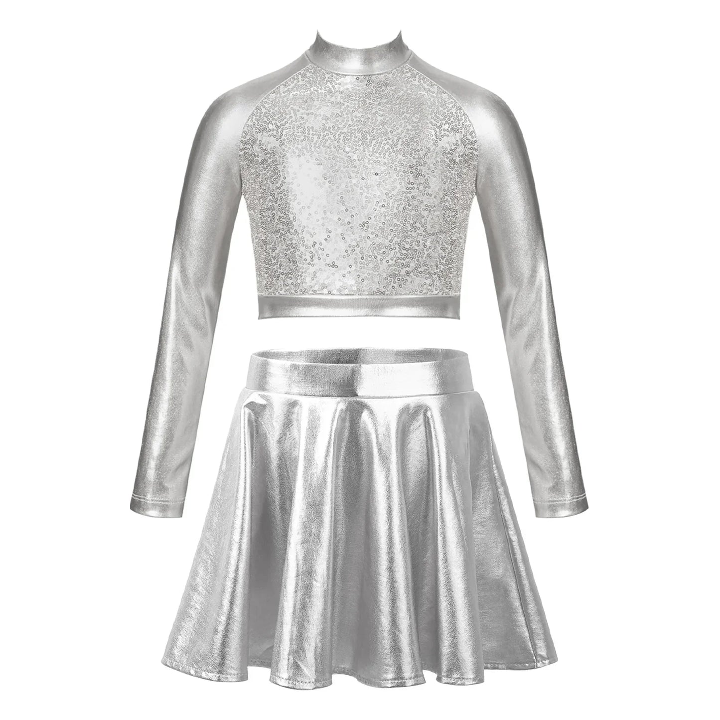 Girls Dance Metallic Long Sleeve Sequin Crop Top & Skirt (Age 6-14YRS)