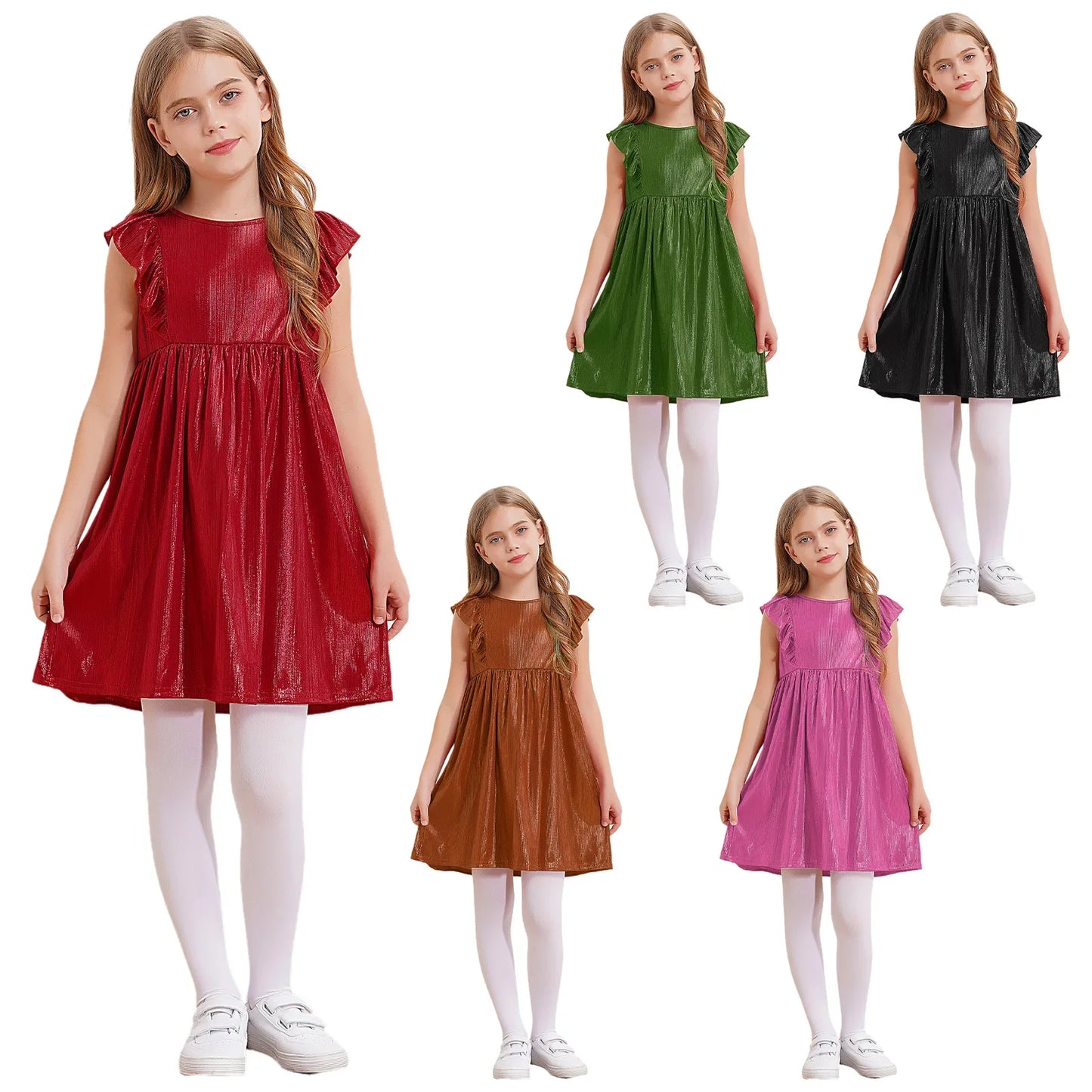 Girls Metallic Sleeveless Ruffles A-Line Dress (Age 24M-10YRS)