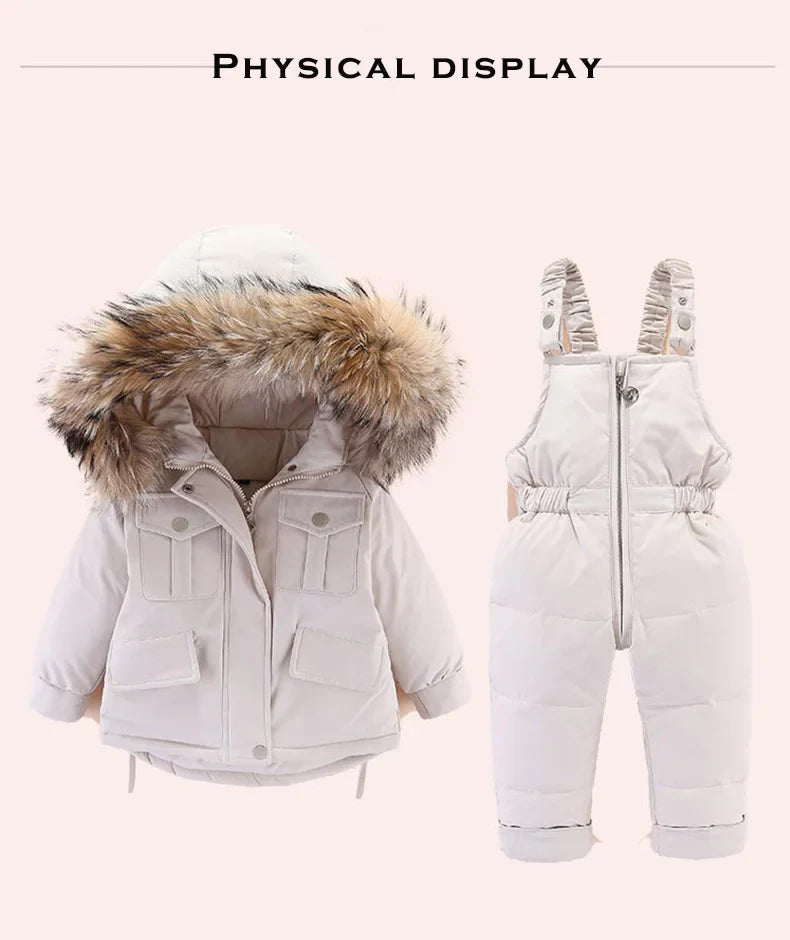 Girls/Boys Snow Winter Jumpsuit & Duck Down Fur Coat Set (Age 18M-5YRS)