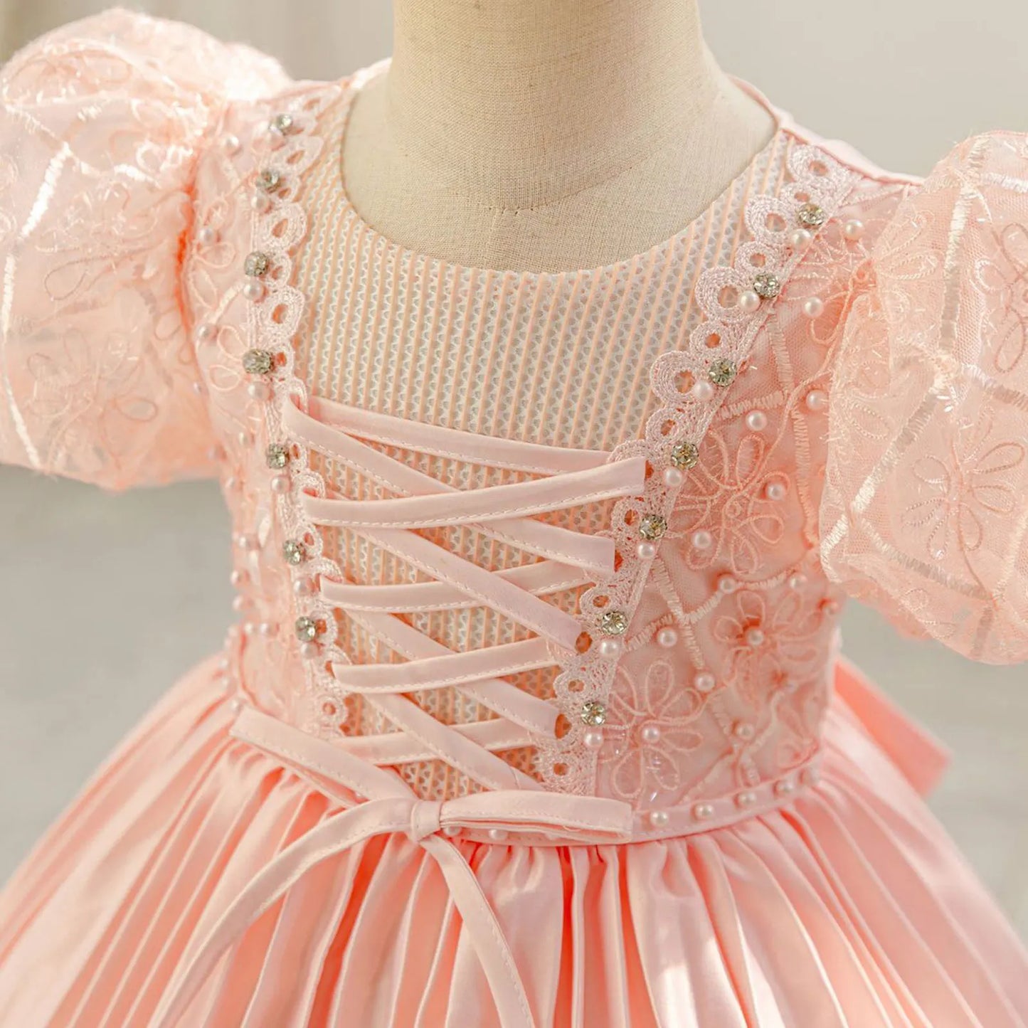 Baby Girls Princess Puff Sleeves Satin Faux Pearls Pleated Tulle Dress (9M-5YRS)